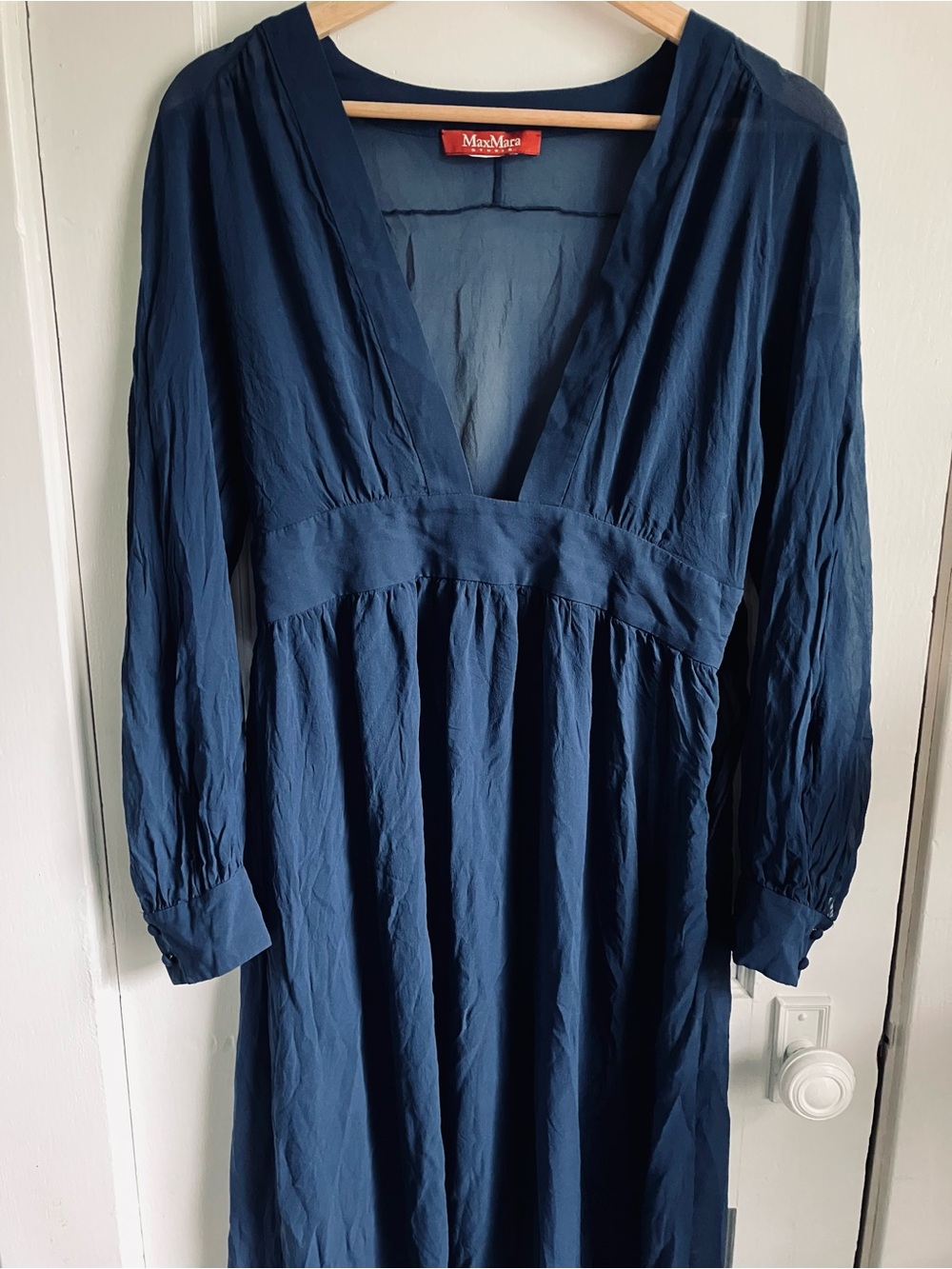 MaxMara Deep Navy V-Neck Long Sleeve Maxi Dress